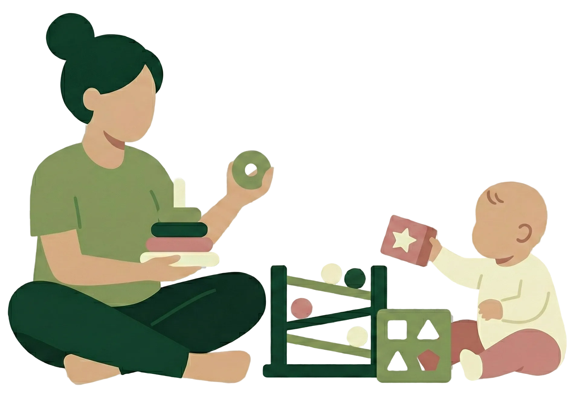 Illustration of a woman and a baby with toys on a transparent background