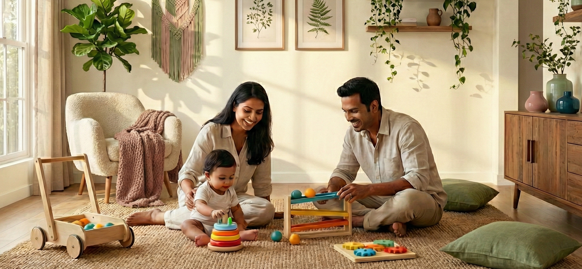 Family playing with toys in a bright, homey living room.